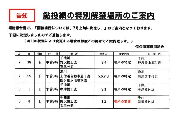 鮎投網の特別解禁場所のご案内