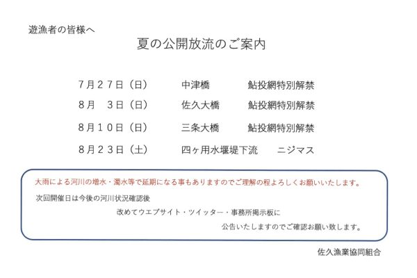 夏の公開放流のご案内