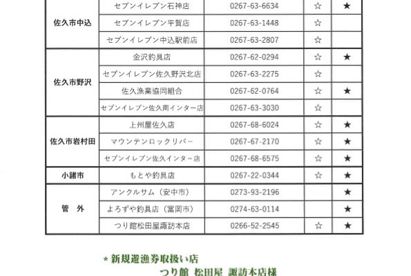 冬期ニジマス釣り遊漁券販売店のご案内